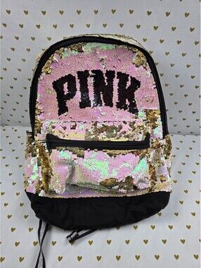 Victoria's Secret PINK Flip Sequin Backpack Gold Pink LOVE PINK Book Bag